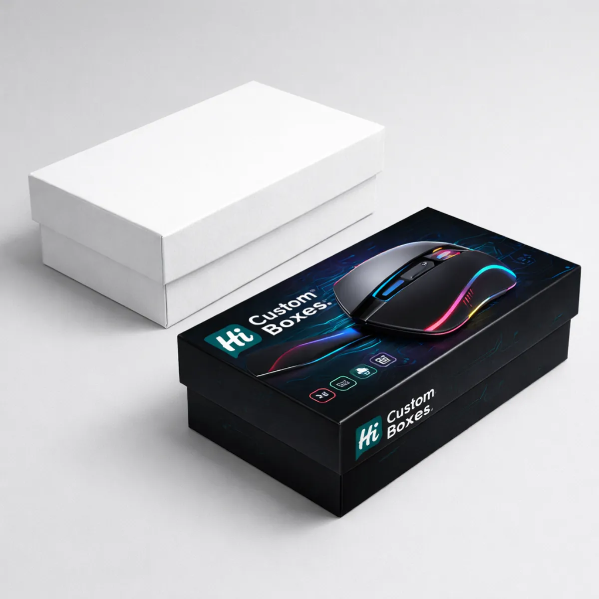 Two rectangular lid-and-base boxes, one plain white and one featuring a black gaming mouse design. class=